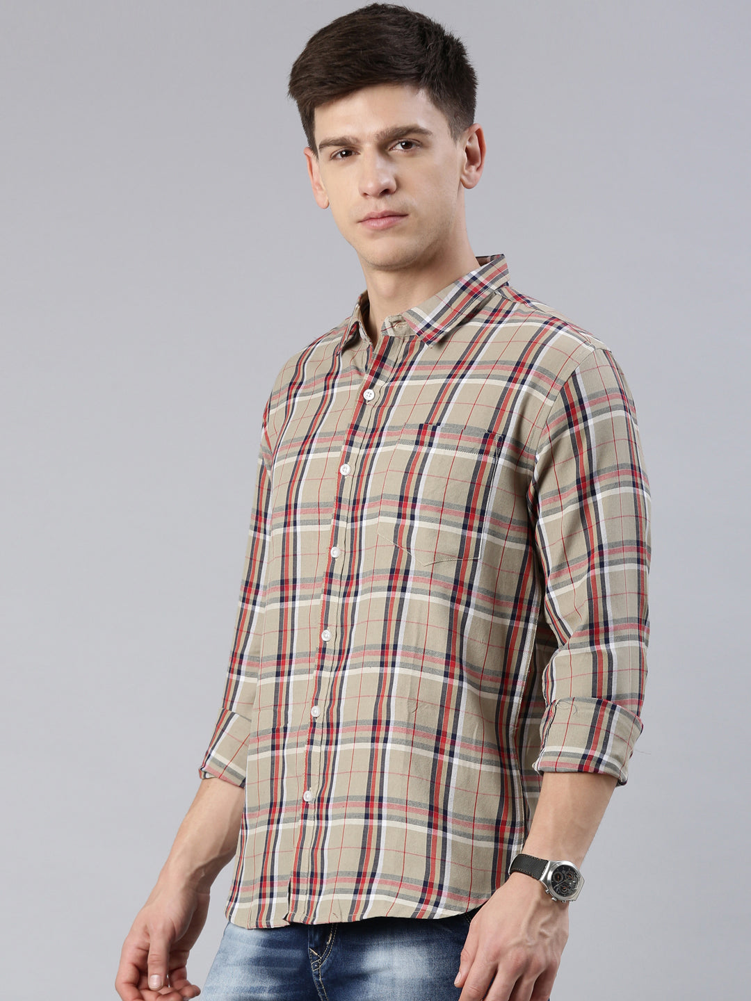 Men Beige Checked Cotton Blend Casual Full Sleeve Shirt