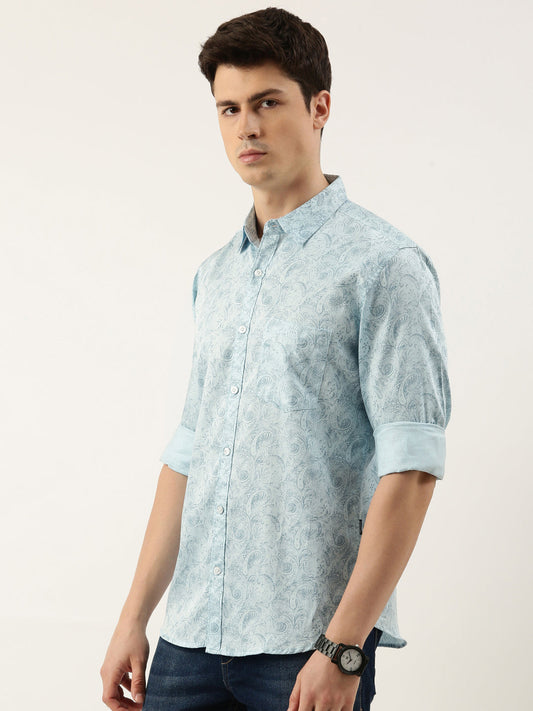 Men Light Blue Printed Pure Cotton Full Sleeve Casual Shirt
