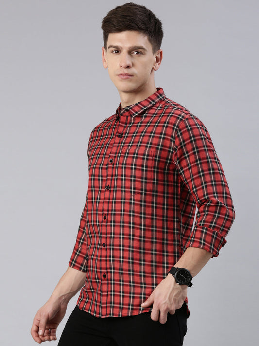 Men Orange Checked Cotton Blend Casual Full Sleeve Shirt