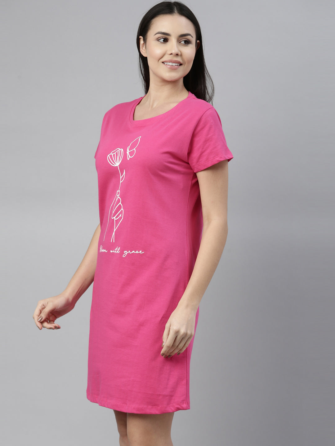 CURARE Women Printed Round Neck Fuchsia LongTees