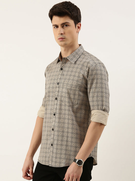 Men Beige Printed Pure Cotton Full Sleeve Casual Shirt
