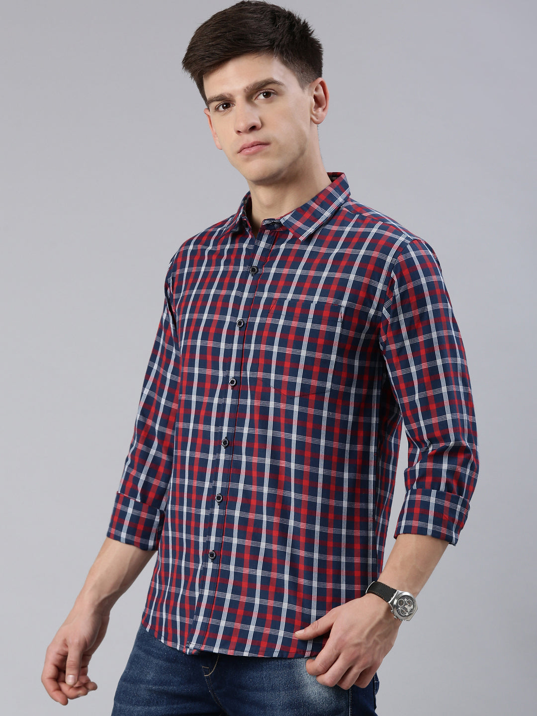 Men Navy Blue Checked Cotton Blend Casual Full Sleeve Shirt