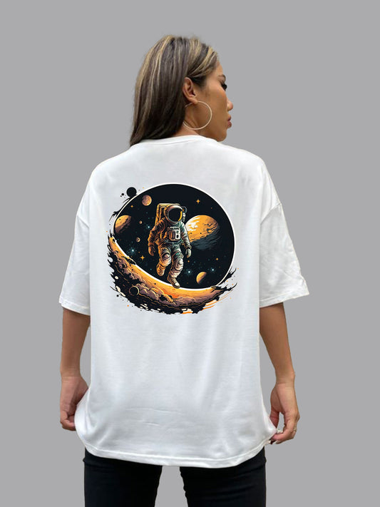 Broon Women Printed Oversize Round Neck White T-Shirt