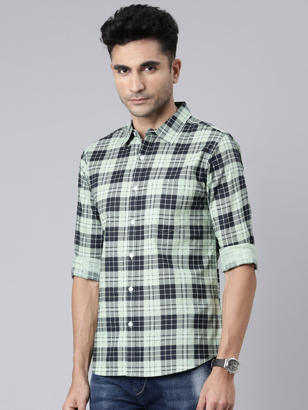 Men Light Green Printed Pure Cotton Full Sleeve Casual Shirt