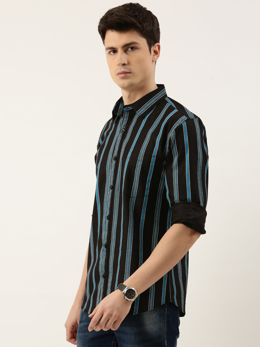 Men Black and Blue Striped Pure Cotton Full Sleeve Casual Shirt