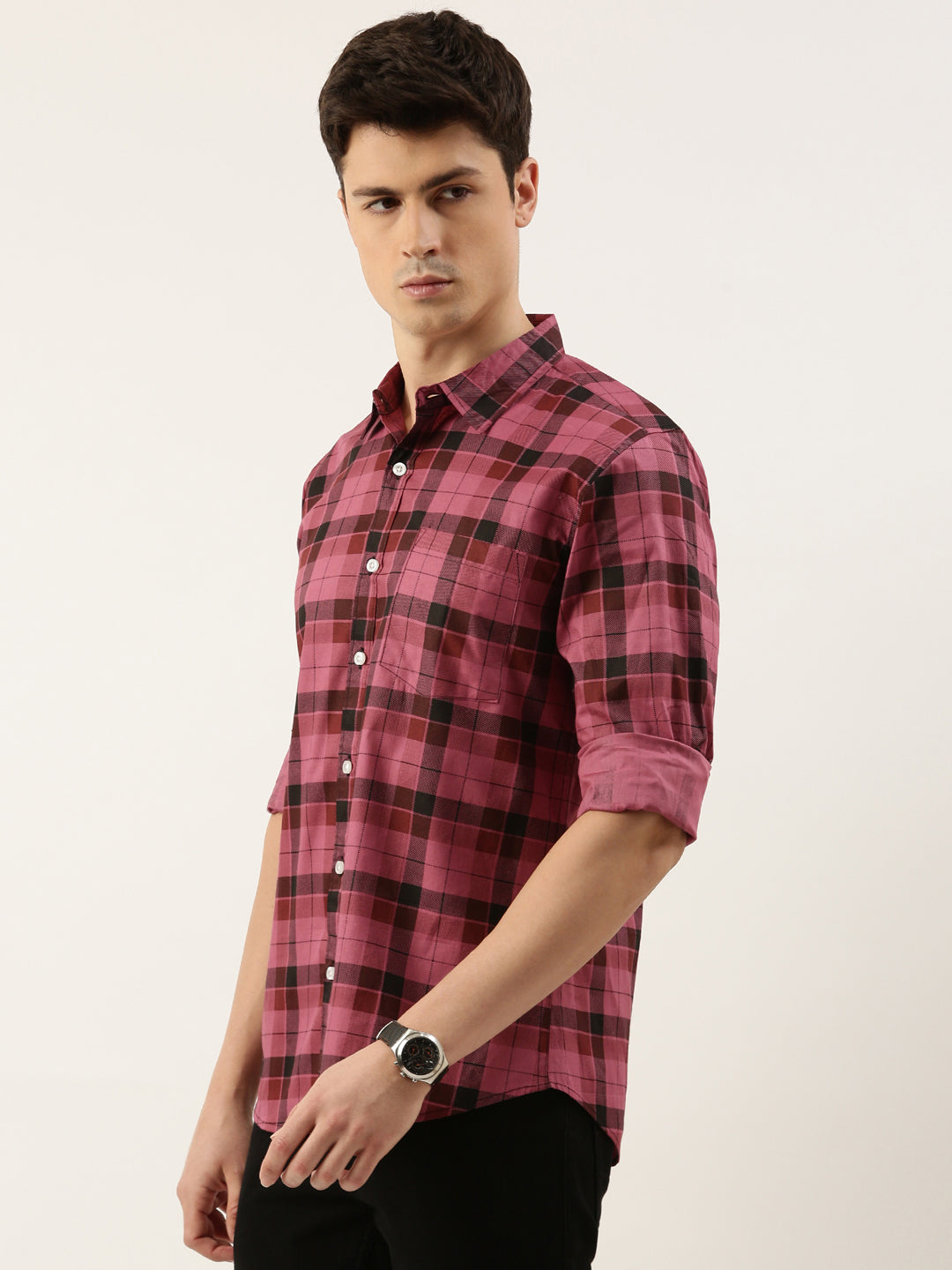 Men Dark Pink Checked Pure Cotton Full Sleeve Casual Shirt
