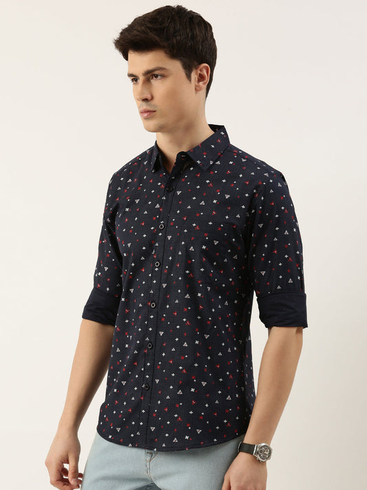 Men Navy Blue and Red Printed Pure Cotton Full Sleeve Casual Shirt