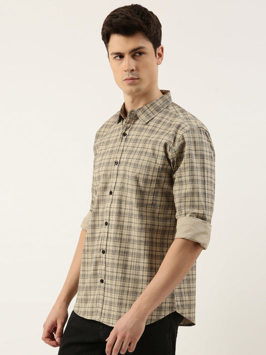 Men Beige Checked Pure Cotton Full Sleeve Casual Shirt