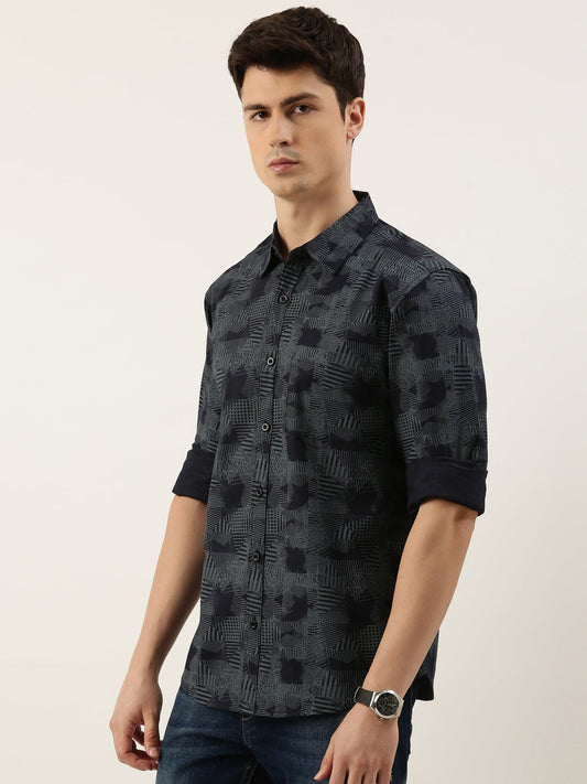 Men Navy Blue Printed Pure Cotton Full Sleeve Casual Shirt