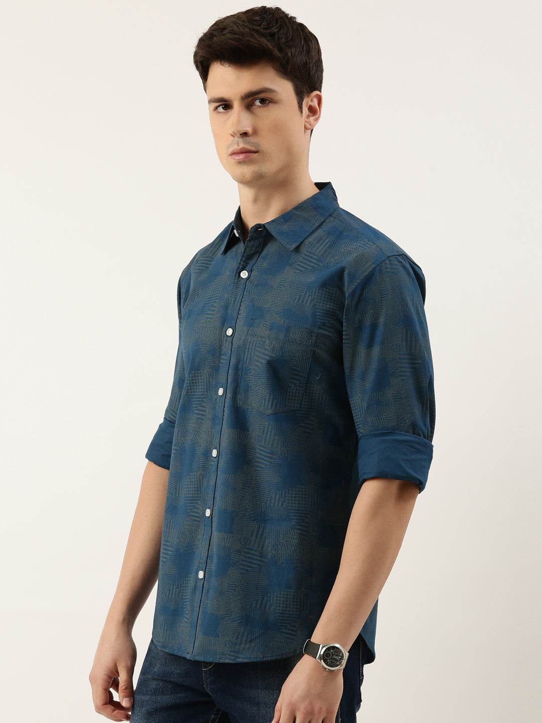 Men Dark Blue Printed Pure Cotton Full Sleeve Casual Shirt