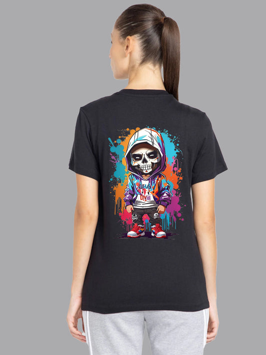 Broon Women Printed Round Neck Black T-Shirt