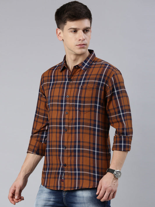 Men Brown Checked Cotton Blend Casual Full Sleeve Shirt