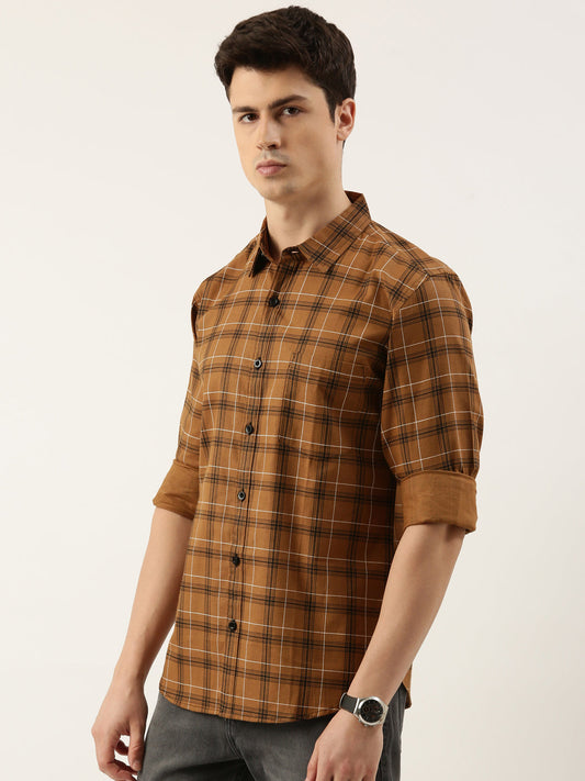 Men Mustard Checked Pure Cotton Full Sleeve Casual Shirt