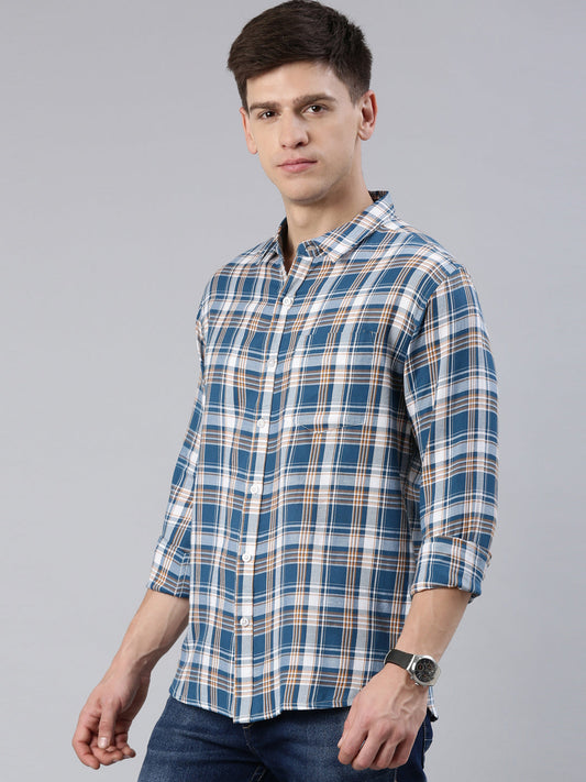 Men Blue Checked Cotton Blend Casual Full Sleeve Shirt