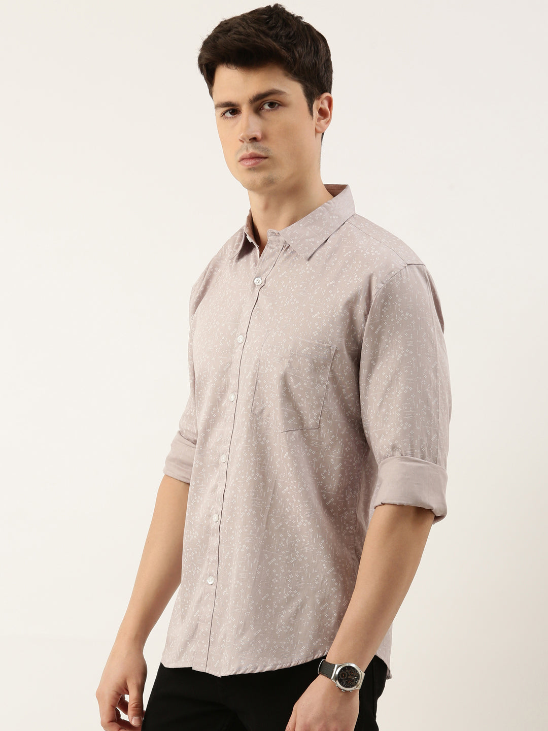 Men Grey Printed Pure Cotton Full Sleeve Casual Shirt