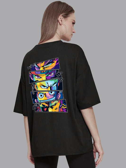 Broon Women Printed Oversize Round Neck Black T-Shirt