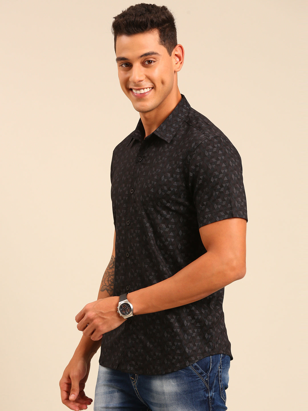 JOVEN Men Black Printed Casual Lycra Shirt ( No Returns )