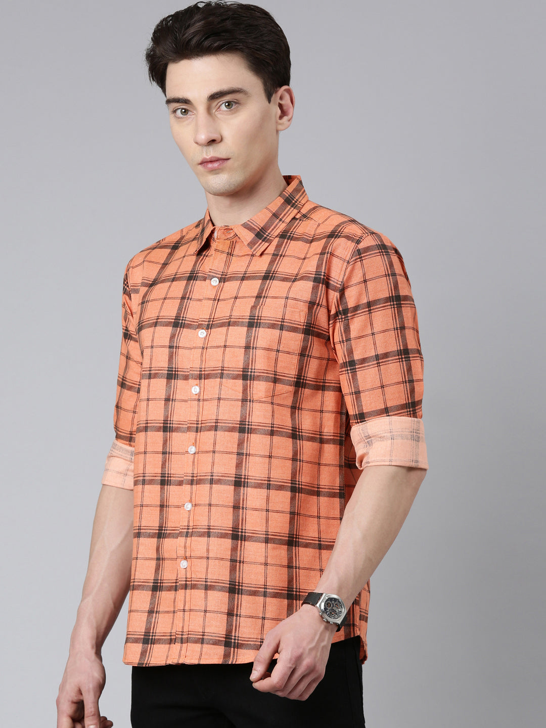 Orange Checkered Pure Cotton Full Sleeve Shirt