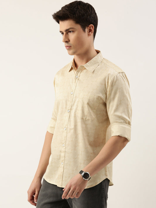 Men Beige Printed Pure Cotton Full Sleeve Casual Shirt