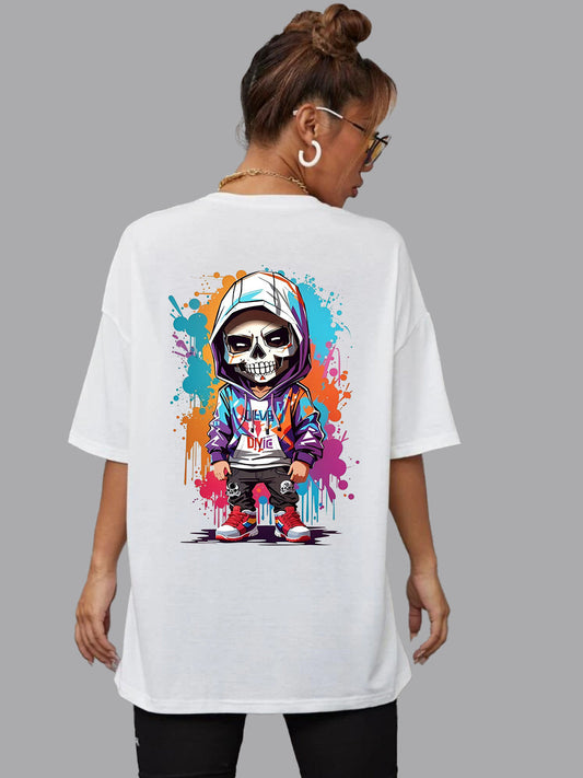 Broon Women Printed Oversize Round Neck White T-Shirt