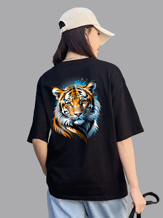 Broon Women Printed Oversize Round Neck Black T-Shirt