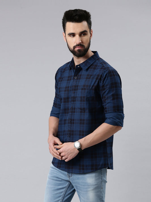 Dark Blue Checked Pure Cotton Casual Full Sleeve Shirt