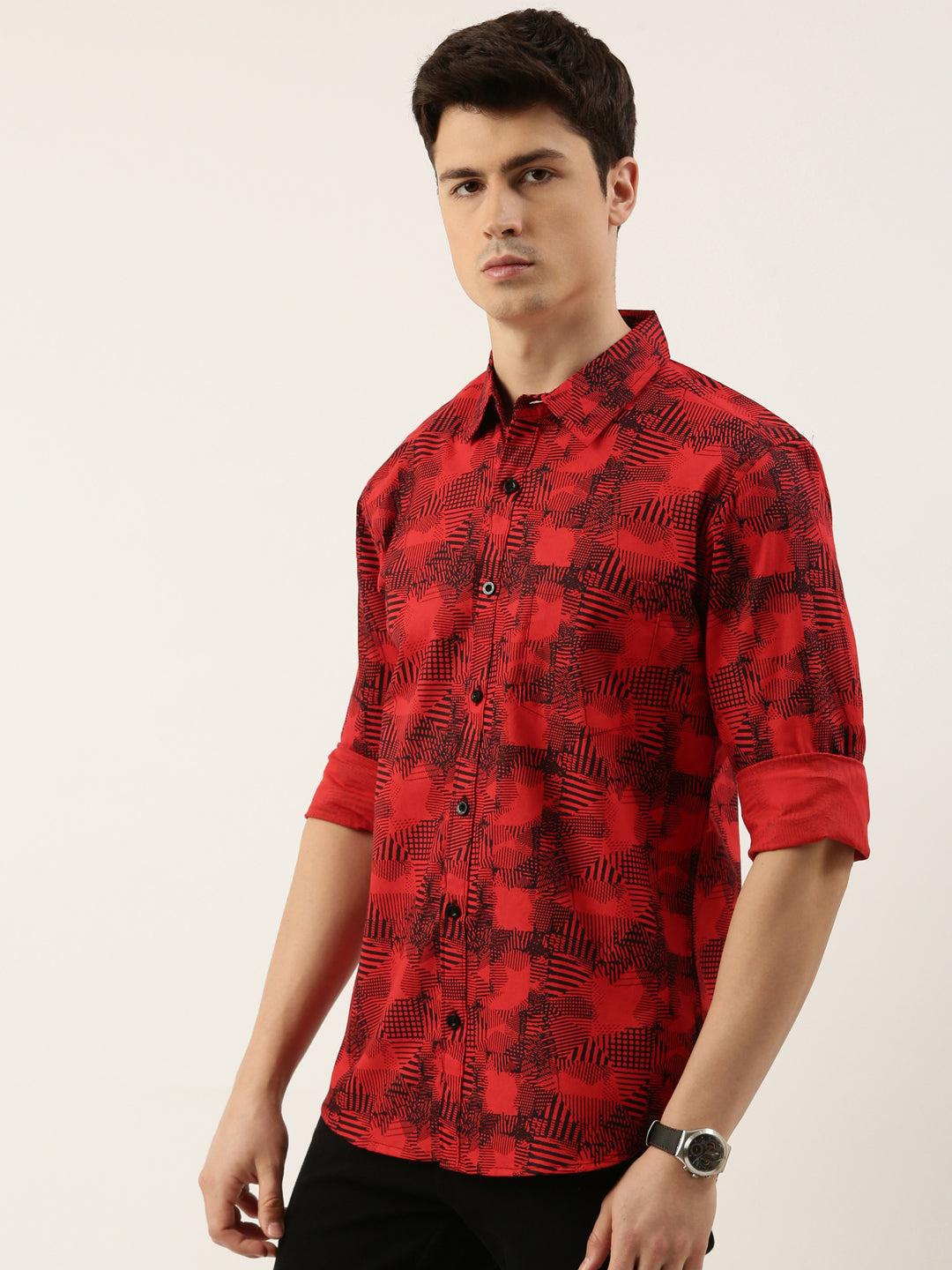 Men Red Printed Pure Cotton Full Sleeve Casual Shirt