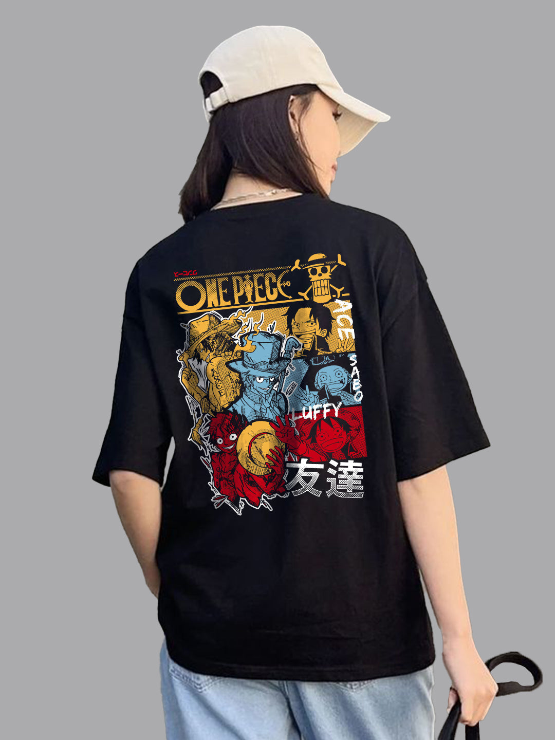 Broon Women Printed Oversize Round Neck Black T-Shirt