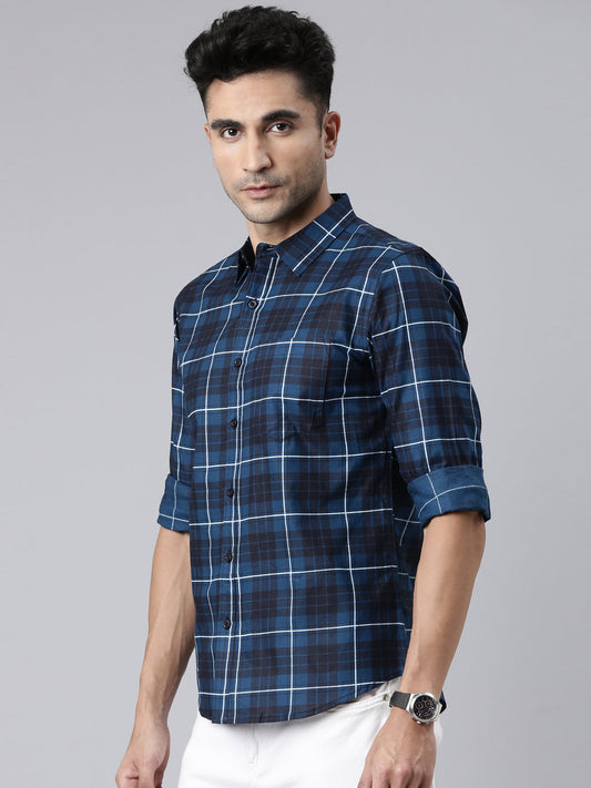 Men Navy Blue Printed Pure Cotton Full Sleeve Casual Shirt