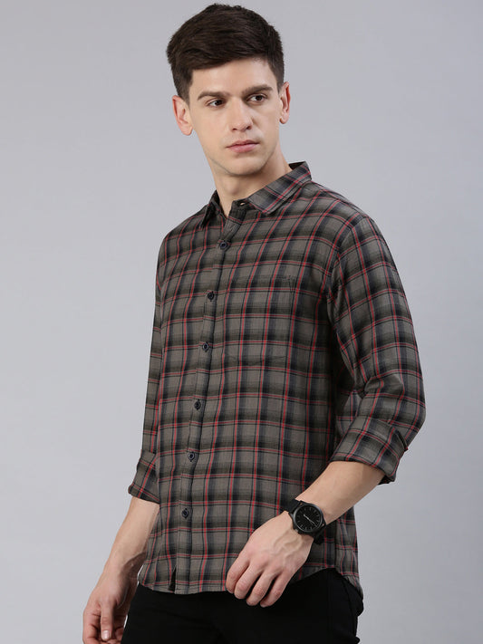 Men Grey Checked Cotton Blend Casual Full Sleeve Shirt