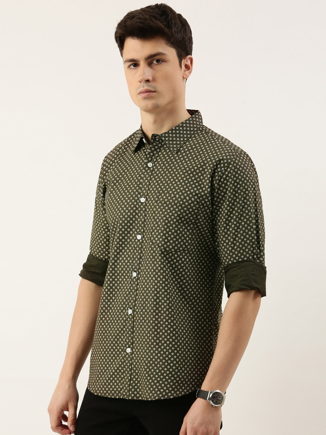 Men Dark Green Printed Pure Cotton Full Sleeve Casual Shirt