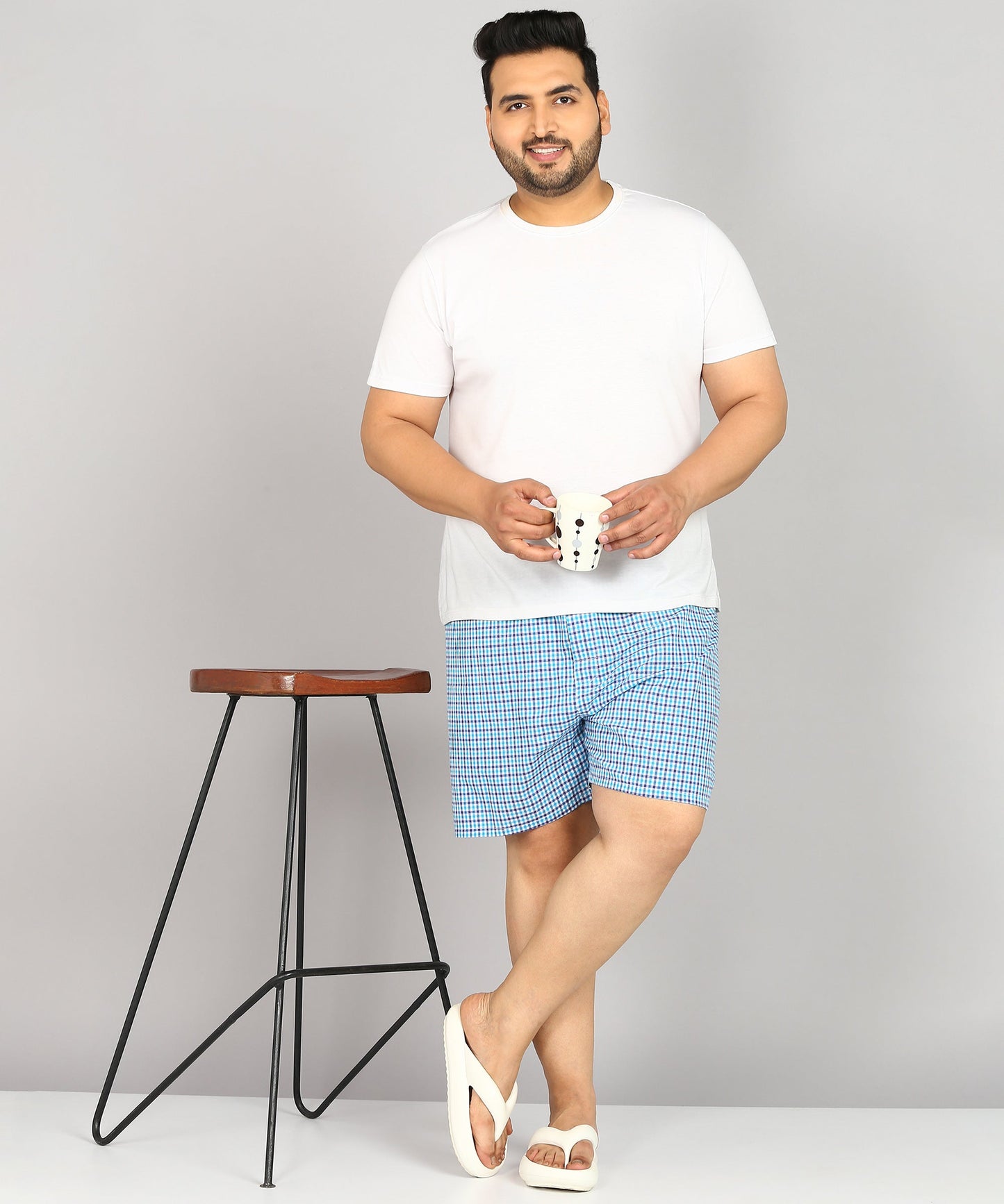 Men Plus Size Sky Blue and White Checked Boxer