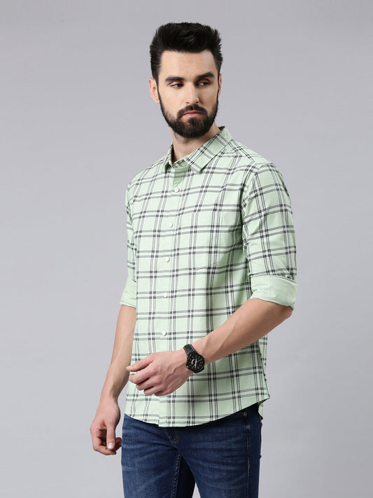 Green Checked Pure Cotton Casual Full Sleeve Shirt