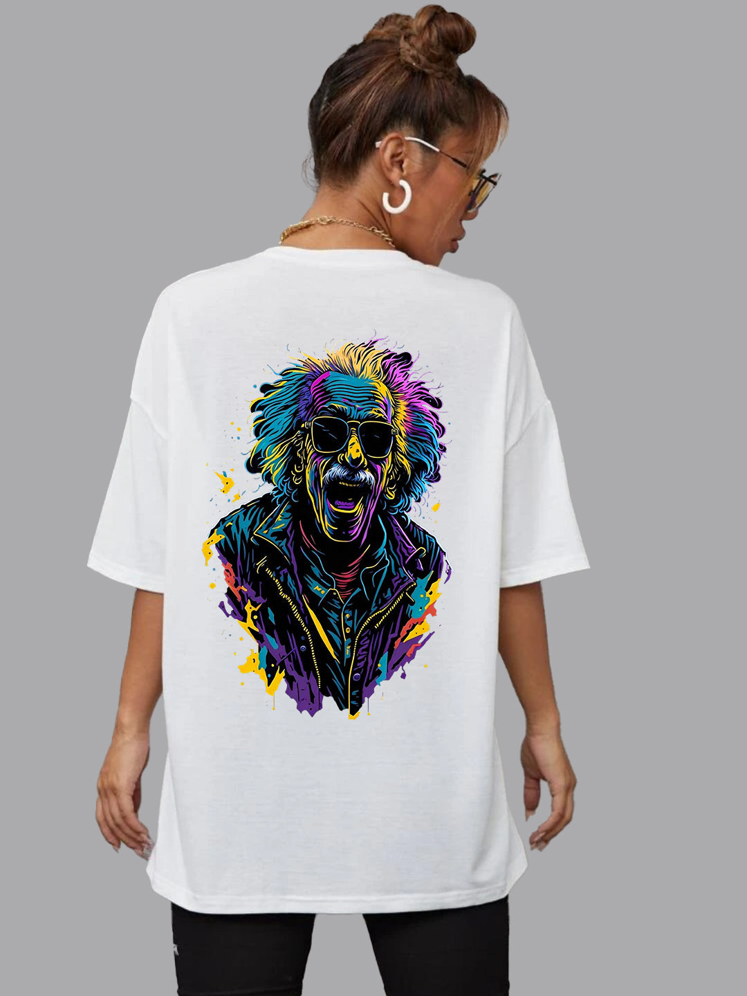 Broon Women Printed Oversize Round Neck White T-Shirt