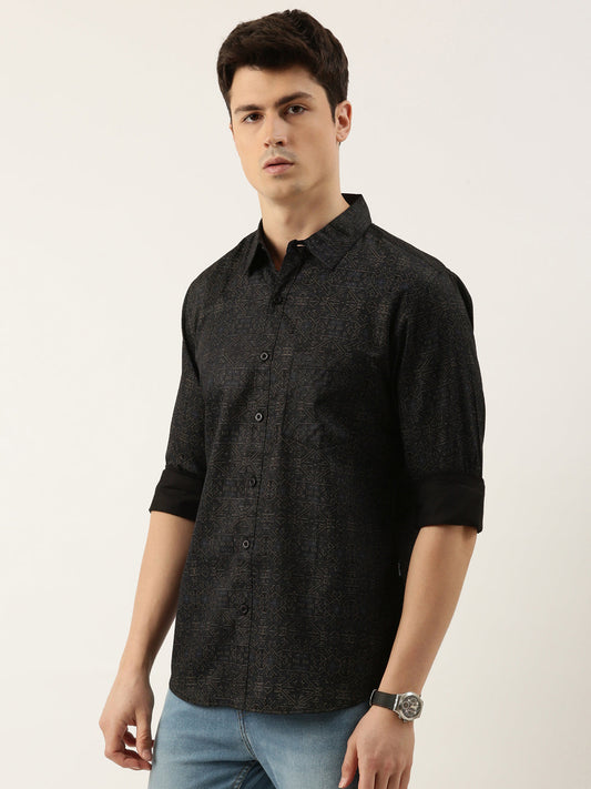 Men Black Printed Pure Cotton Full Sleeve Casual Shirt