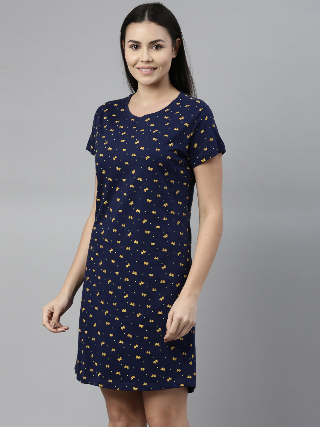 CURARE Women Printed Round Neck Navy Blue LongTees