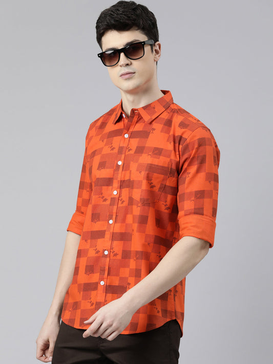 Men Orange Printed Pure Cotton Full Sleeve Casual Shirt