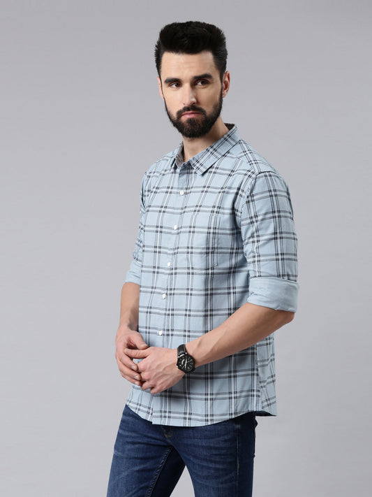 Blue Checked Pure Cotton Casual Full Sleeve Shirt