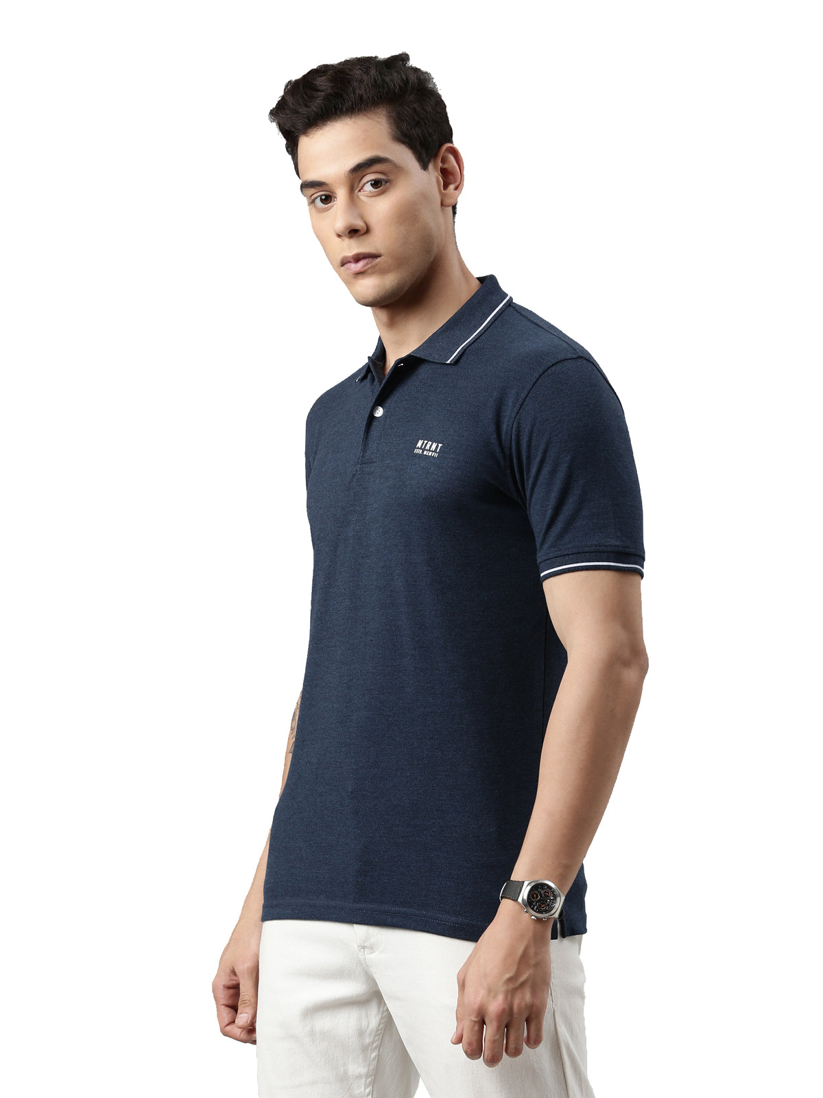 Men Solid Polo Collar Denim Blue T-shirt