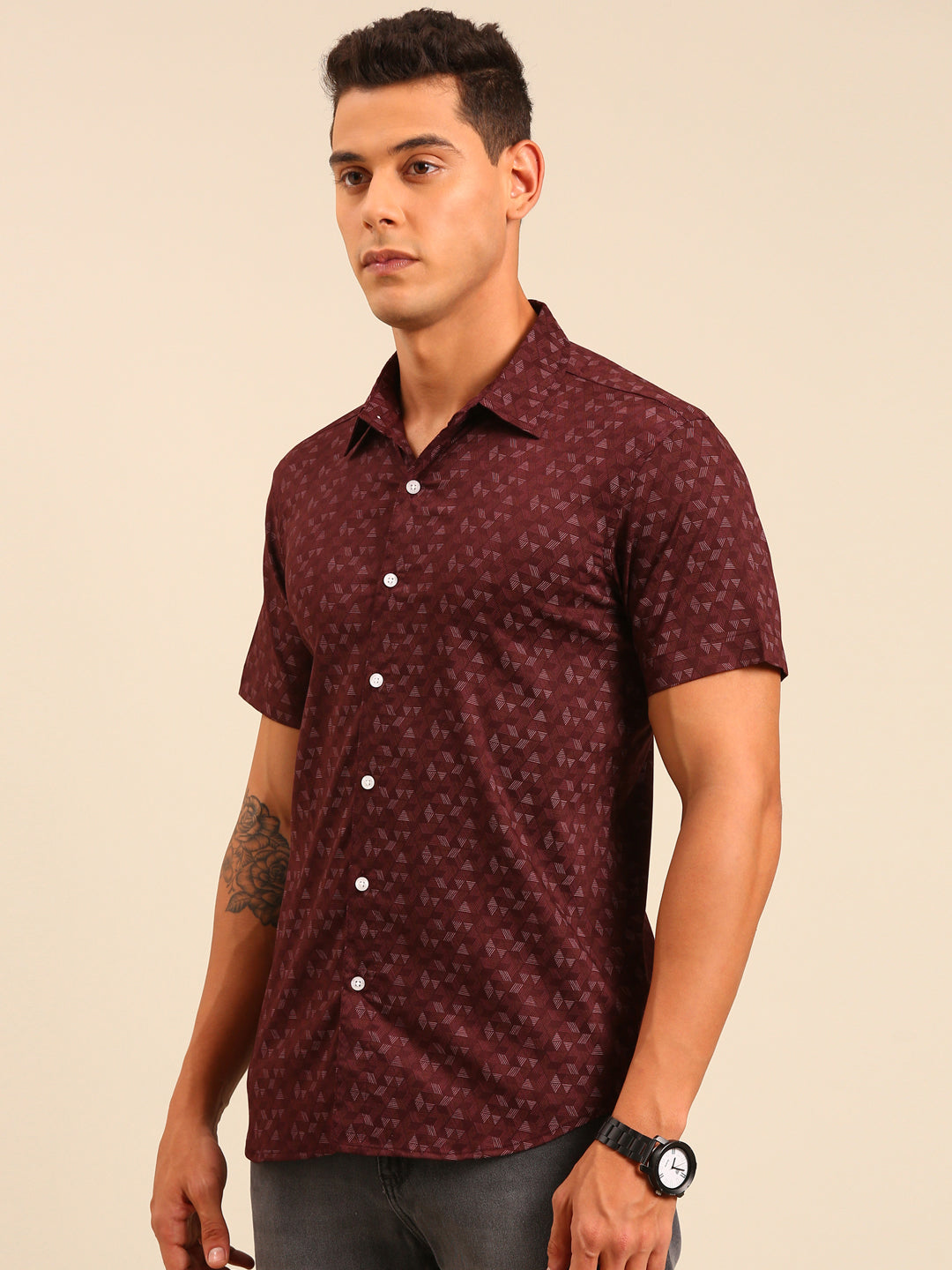 JOVEN Men Maroon Printed Casual Lycra Shirt ( No Returns )
