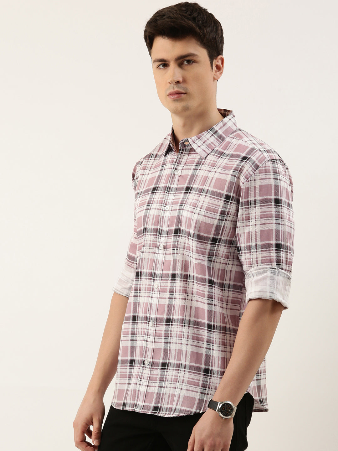 Men Dusty Pink Checked Pure Cotton Full Sleeve Casual Shirt
