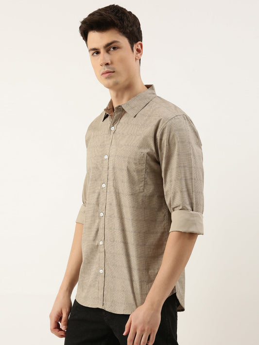 Men Beige Printed Pure Cotton Full Sleeve Casual Shirt