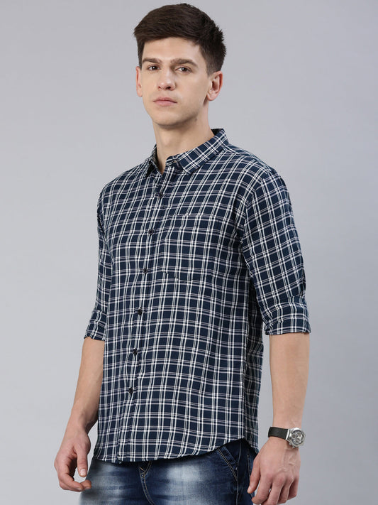Men Dark Blue Checked Cotton Blend Casual Full Sleeve Shirt