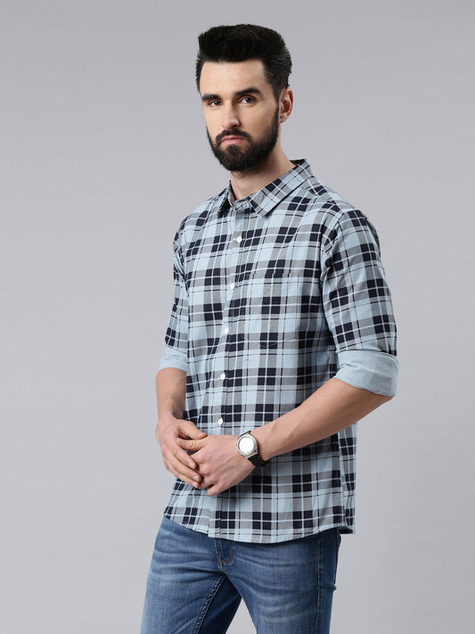 Light Blue Checked Pure Cotton Casual Full Sleeve Shirt