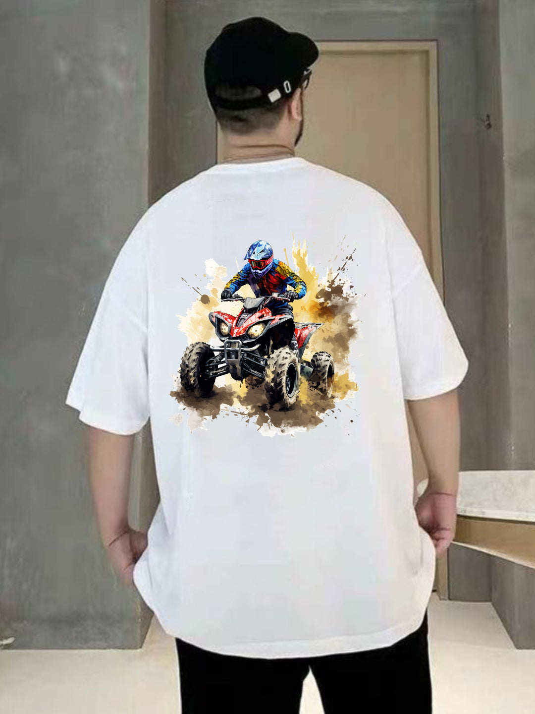 Broon Men White Printed Oversize Round Neck T-Shirt