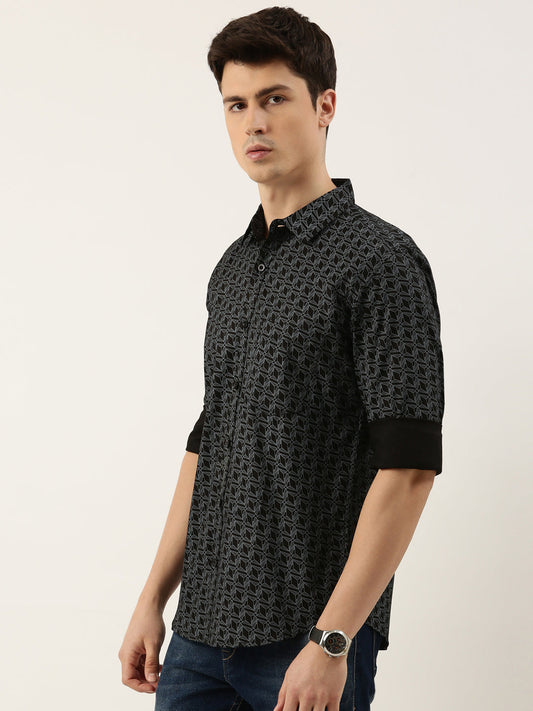 Men Black Printed Pure Cotton Full Sleeve Casual Shirt