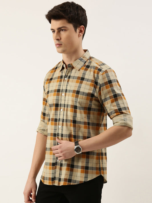 Men Beige Checked Pure Cotton Full Sleeve Casual Shirt