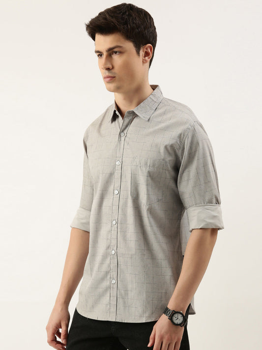 Men Grey Printed Pure Cotton Full Sleeve Casual Shirt