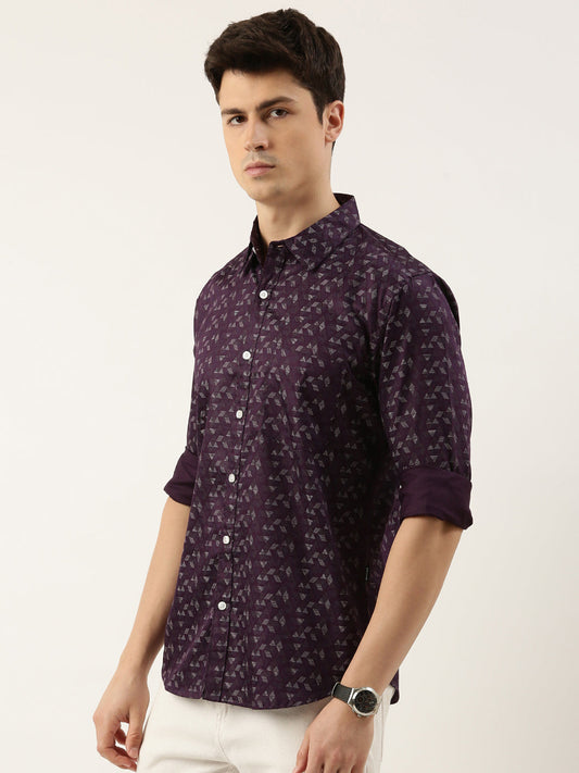 Men Purple Printed Pure Cotton Full Sleeve Casual Shirt