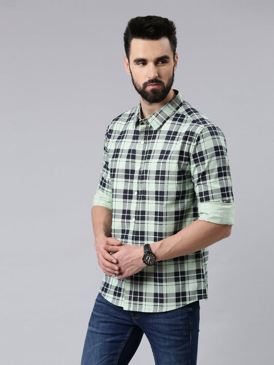 Light Green Checked Pure Cotton Casual Full Sleeve Shirt